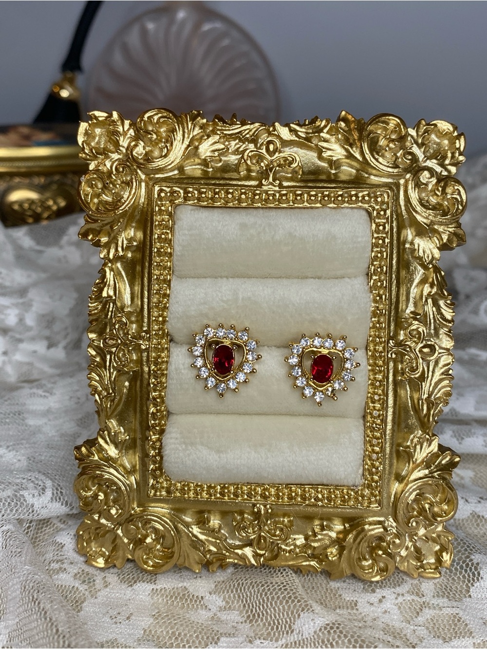 Gold-Tone Heart Ruby Crystal Stud Earrings - Unbranded